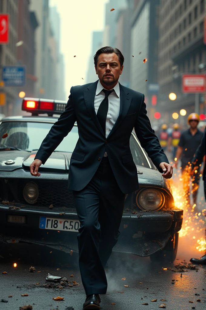 John Wick (Keanu Reeves) walking away from a badass car explosion, face completely visible, visible pores, looking behind him, night-time, realistic, 4k quality, extremely detailed