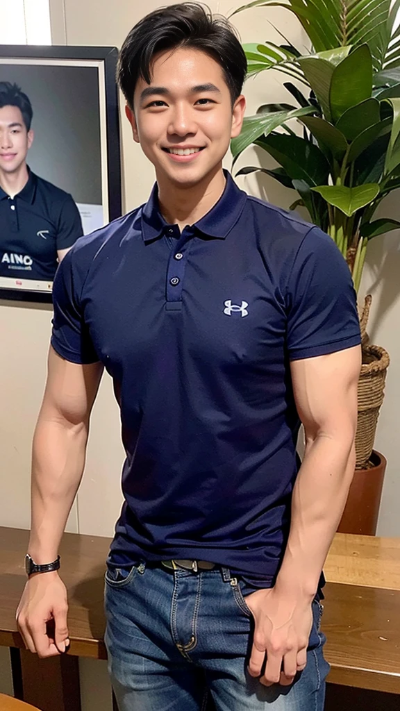 1 man, smile, (Wear a navy blue polo shirt., round neck, short sleeve shirt ยี่ห้อ under armor), Jeans, Korean guy , korean men, (High gloss details), chest muscles, Big arm muscles, blood vessel, big muscles, Broad shoulders, looking at the audience, Balancing the eyes, (Make eye contact), White house without trees