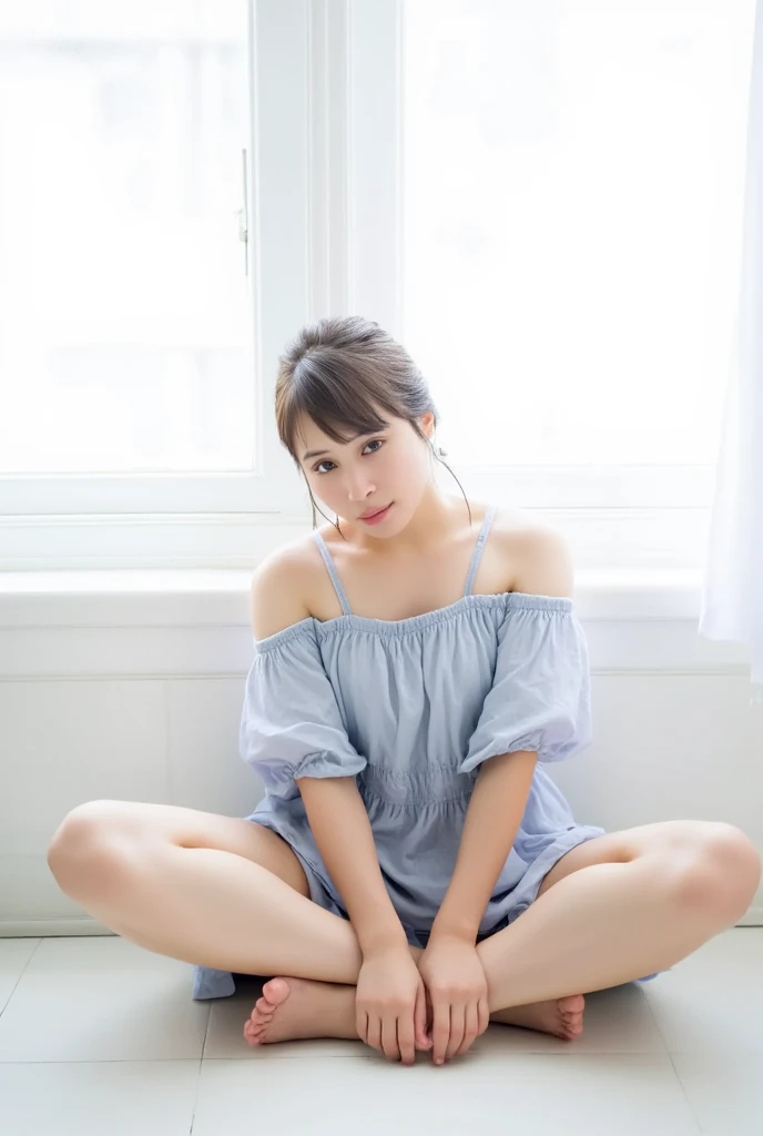 Full body shot from the front、Wear off-the-shoulder mini one-piece pajamas, bend your knees, spread your legs, take a cross-legged pose, and sit while looking at me, Slender bare legs 、smile、The background is a monotone 

