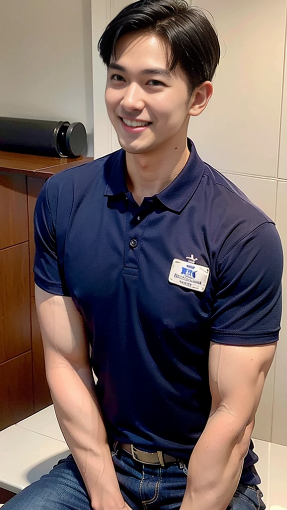 1 man, smile, (Wear a navy blue polo shirt., round neck, short sleeve shirt ยี่ห้อ under armor), Jeans, Korean guy , korean men, (High gloss details), chest muscles, Big arm muscles, blood vessel, big muscles, Broad shoulders, looking at the audience, Balancing the eyes, (Make eye contact), White house without trees