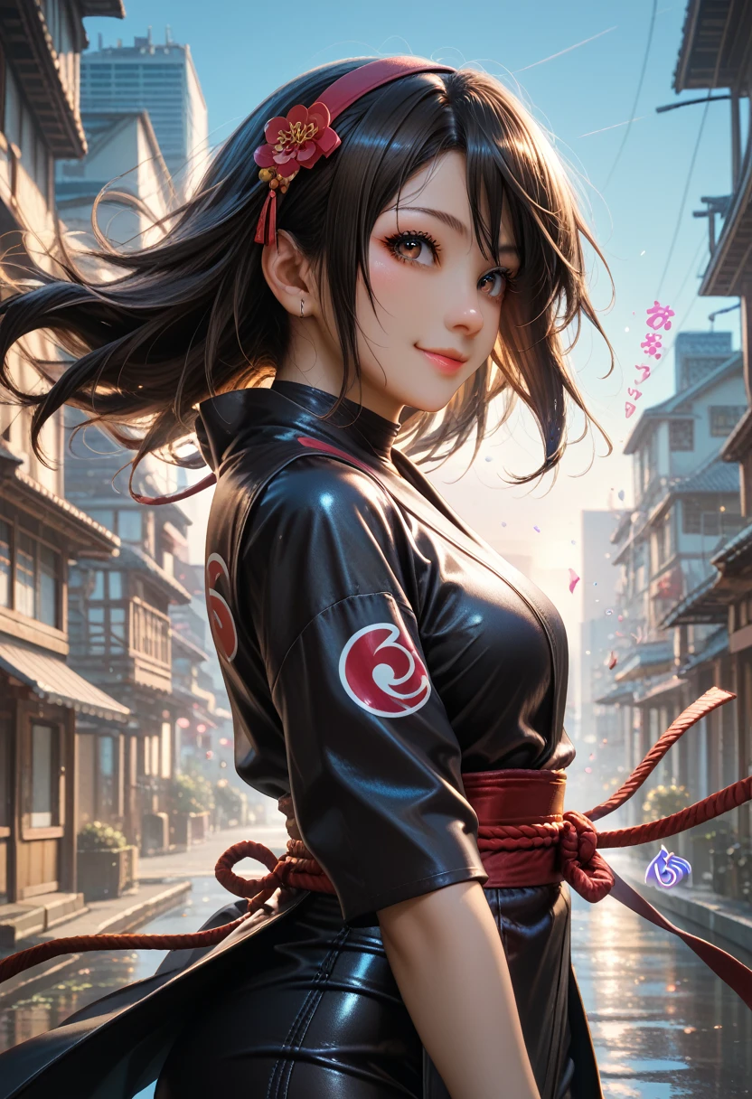  1 Female, Ninja costume, Ninja, colorful,  Beautiful dark eyes, Wind effects, city, town,Asahi,Shine,Indris Smile , good morning, 