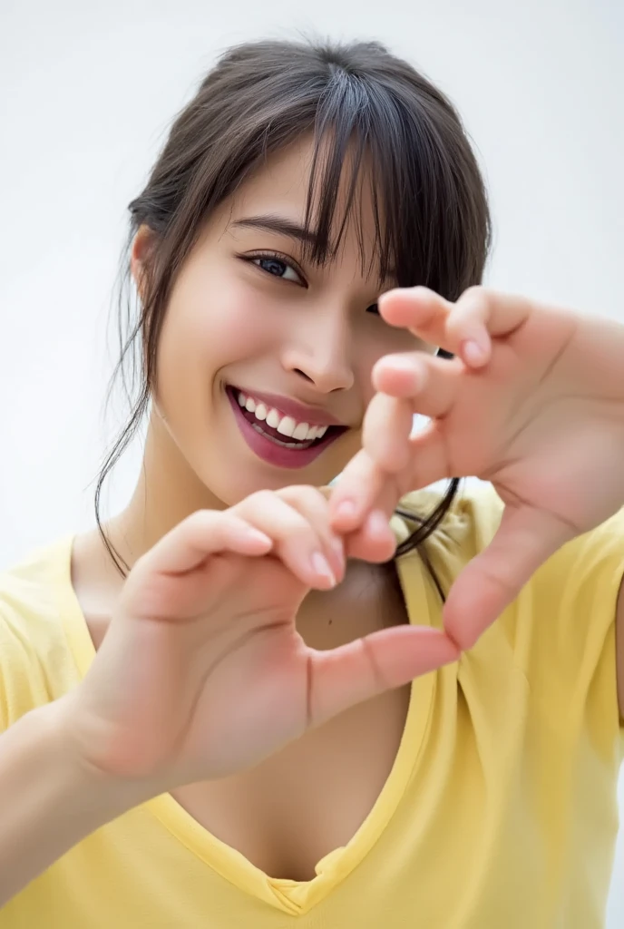 Only one woman with a cute smile wears cute, fluffy off-shoulder pajamas, makes a big heart shape with both hands, and poses them in front of her chest, View above collarbone、The background is a monotone 

