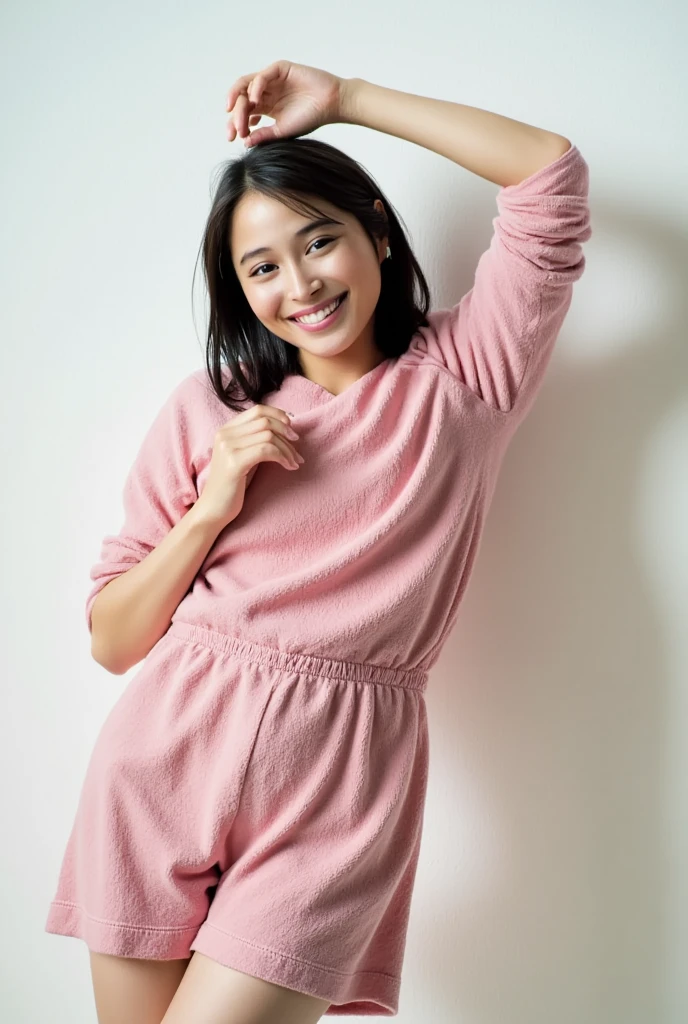 Only one woman with a cute smile wears cute, fluffy off-shoulder pajamas, makes a big heart shape with both hands, and poses them in front of her chest, View above collarbone、The background is a monotone 

