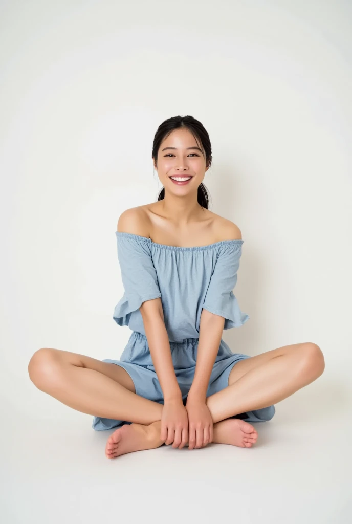 Full body shot from the front、Wear off-the-shoulder mini one-piece pajamas, bend your knees, spread your legs, take a cross-legged pose, and sit while looking at me, Slender bare legs 、smile、The background is a monotone 

