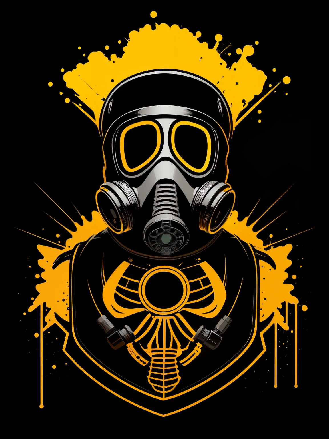 pixador skeleton with gas mask and cap, splash, spray, tracks, 80's, vector image, t-shirt design, isolated, black background, illustration, use only yellow and red green colors, with letters "TDR" highlighted