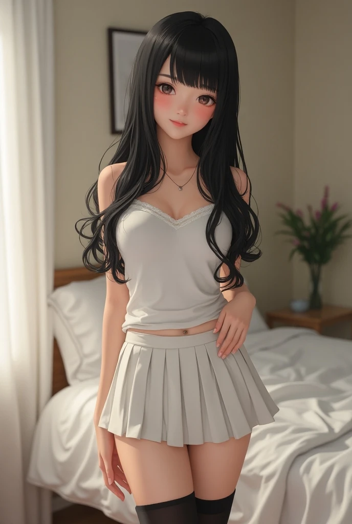 Gentle and charming Chinese beautiful woman, upper body photo, exquisite and sexy collarbone, charming oval face, double eyelids, smart peach blossom eyes, pink lips, small nose, bare shoulders, focused face, face close-up, ultra-high-definition, Super details, elegant standing posture, high-waisted half-length skirt, comfortable elastic fabric, creating a slender lower body curve, simple waist with a T-shirt, showing mature femininity --auto