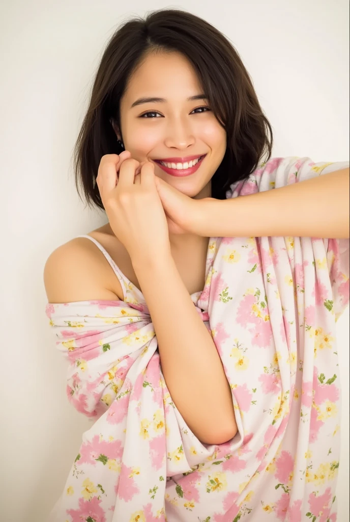 Only one woman with a cute smile wears cute, fluffy off-shoulder pajamas, makes a big heart shape with both hands, and poses them in front of her chest, View above collarbone、The background is a monotone 

