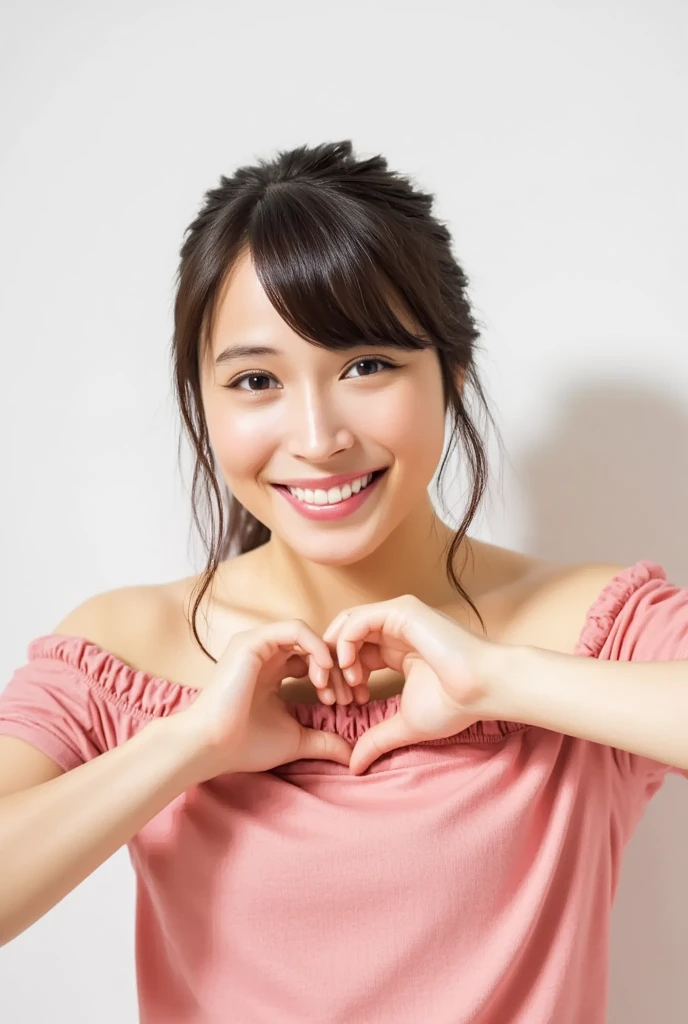 Only one woman with a cute smile wears cute, fluffy off-shoulder pajamas, makes a big heart shape with both hands, and poses them in front of her chest, View above collarbone、The background is a monotone 

