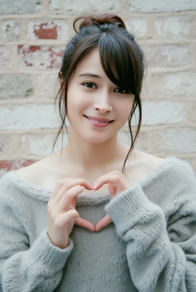 Only one woman with a cute smile wears cute, fluffy off-shoulder pajamas, makes a big heart shape with both hands, and poses them in front of her chest, View above collarbone、The background is a monotone 

