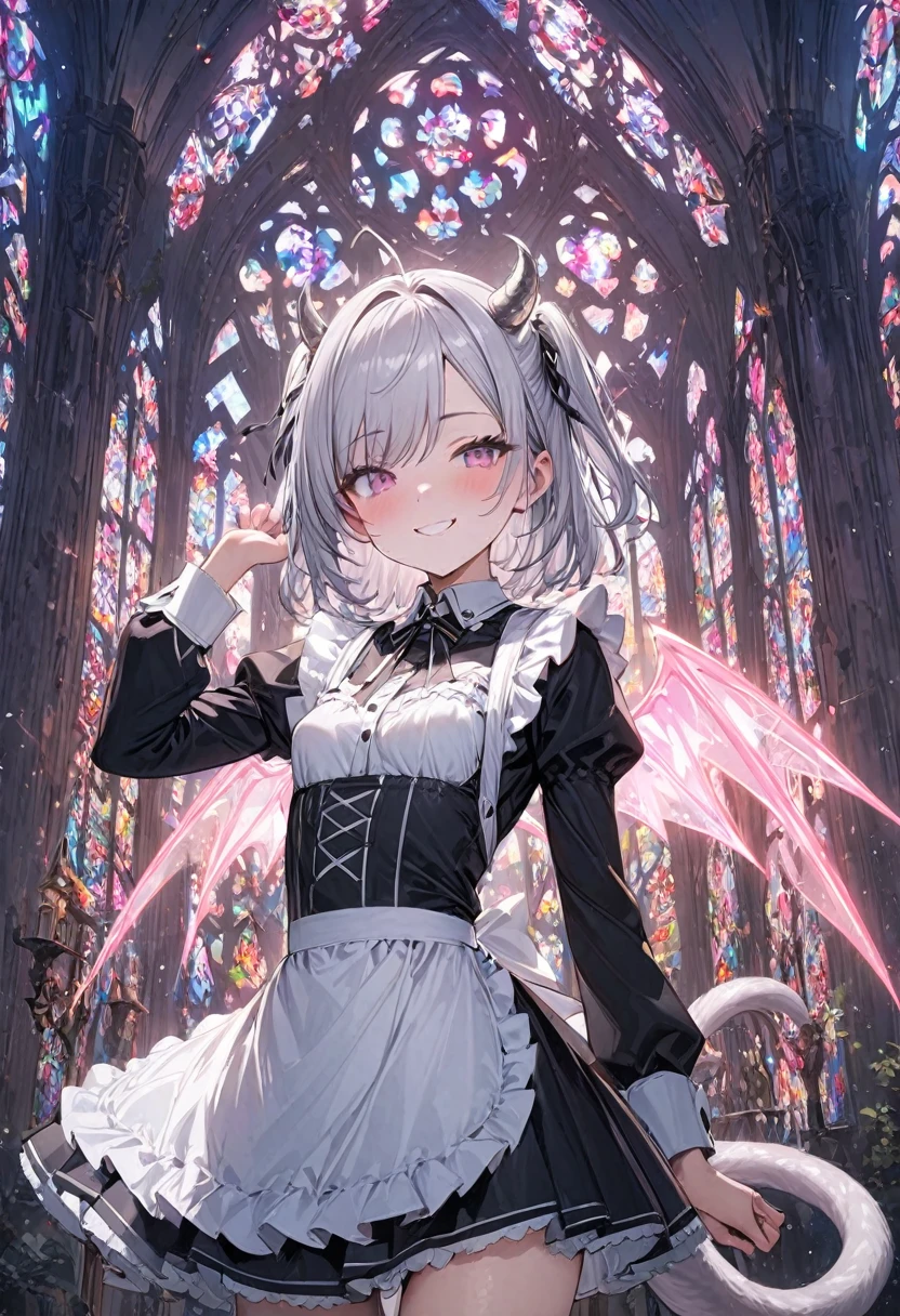 (masterpiece, best quality, ultra detailed, high resolution), (1 girl:1.3), long sleeve maid uniform:1.2, headband:1.2, (show Panties:1.1, white lace underwear:1.1), cute face, (slant eyes:1.1, light pink eyes), (short hair, silver hair, two side up:1.2, swept bangs), It has small silver ram's horns growing from its head:1.1, White and clear skin:1.2, small breasts, (Stockings with different colors on the left and right, The right is light pink and the left is black:1.1), (Very small, transparent, light pink neon devil wings grow on its back.:1.2), Long, thin black and light pink striped tail:1.5, (smirk:1.3, smile elegantly), Funny pose, inside the silver castle, surrounded by stained glass), A world of fantasy, (cowboy shot:1.2), (from front:1.3), nsfw