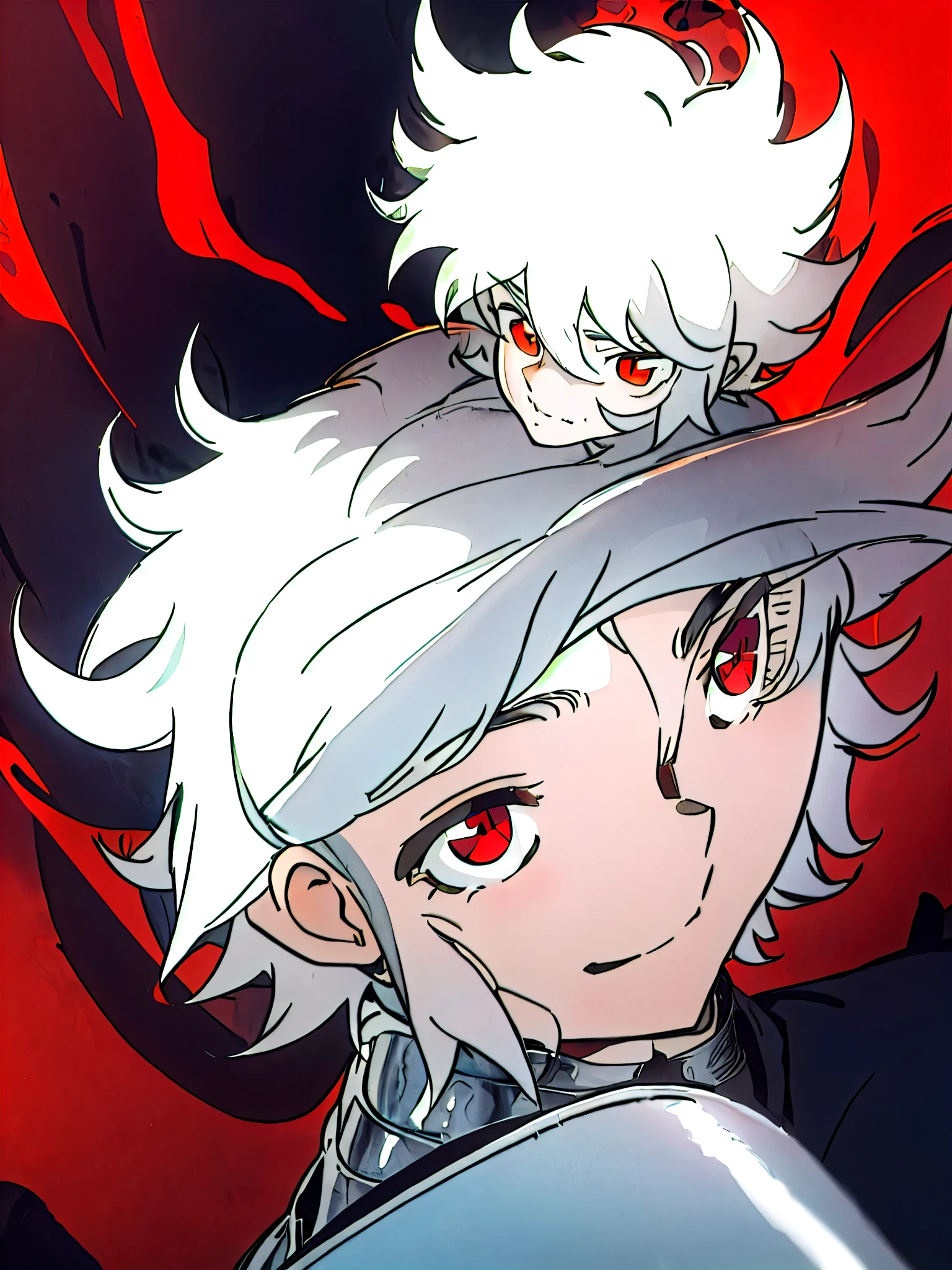  short hair,  red eyes ,white hair,a man, smile,  silver armor,white pele, face , silver helmet