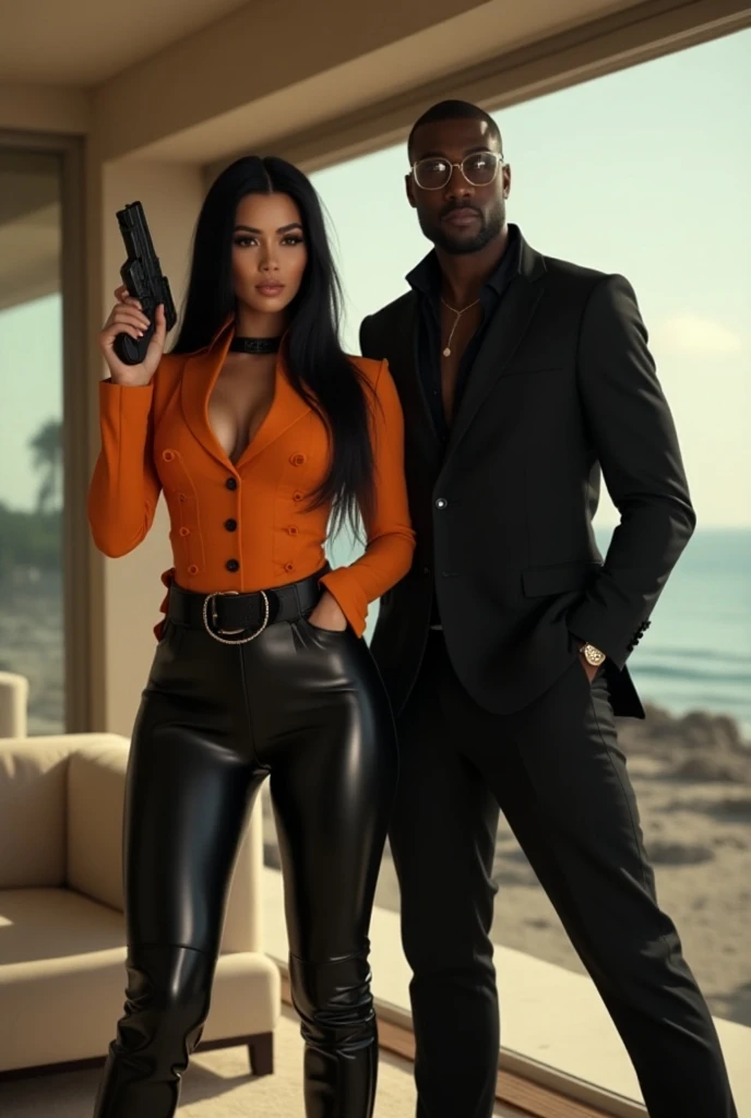 Kris Jenner holding a gun,Travis Scott scared,Kylie Jenner looking scared,background=Dubai balcony,medium=oil painting,ultra-detailed,best quality,highres,photorealistic,vivid colors,studio lighting