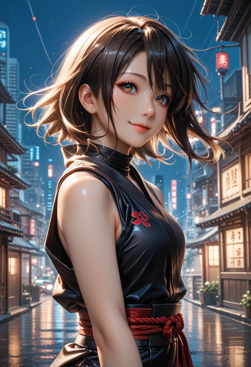  1 Female, Ninja costume, Ninja, colorful,  Beautiful dark eyes, Wind effects, city, town,Asahi,Shine,Indris Smile , good morning, front、Aori、small eyes