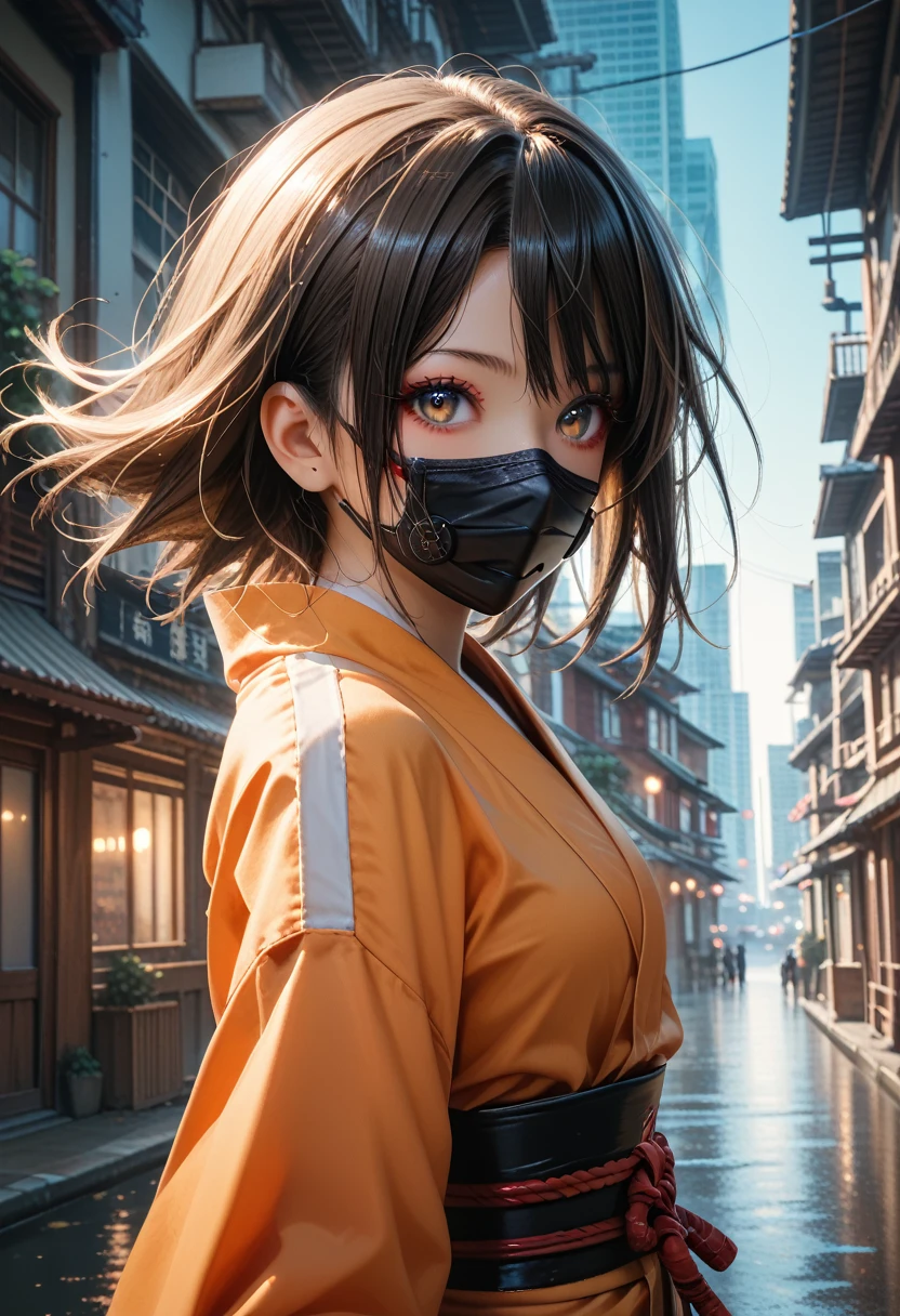  1 Female, Ninja costume, Ninja, colorful,  Beautiful dark eyes, Wind effects, city, town,Asahi,Shine, front、Aori、small eyes、Black Mask、