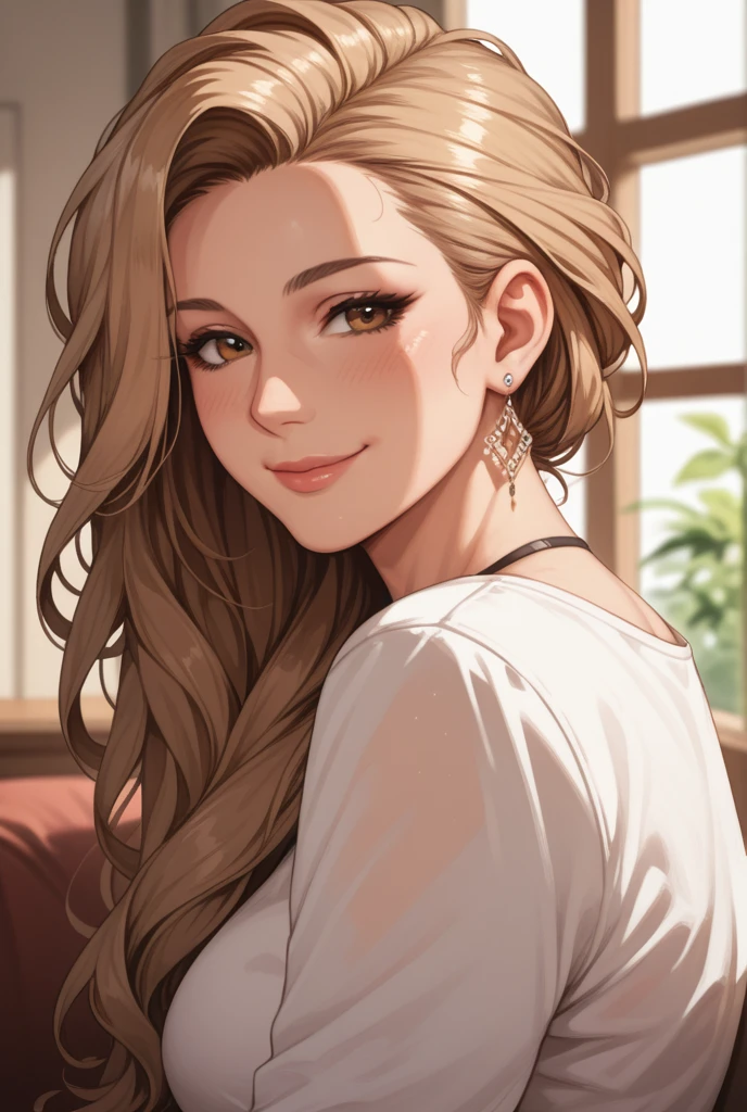 Female, adult, mature body, mature, beautiful, calming, long blond hair, soft brown eyes. Punk style. Looking at viewer, comforting, warm smile. SFW.