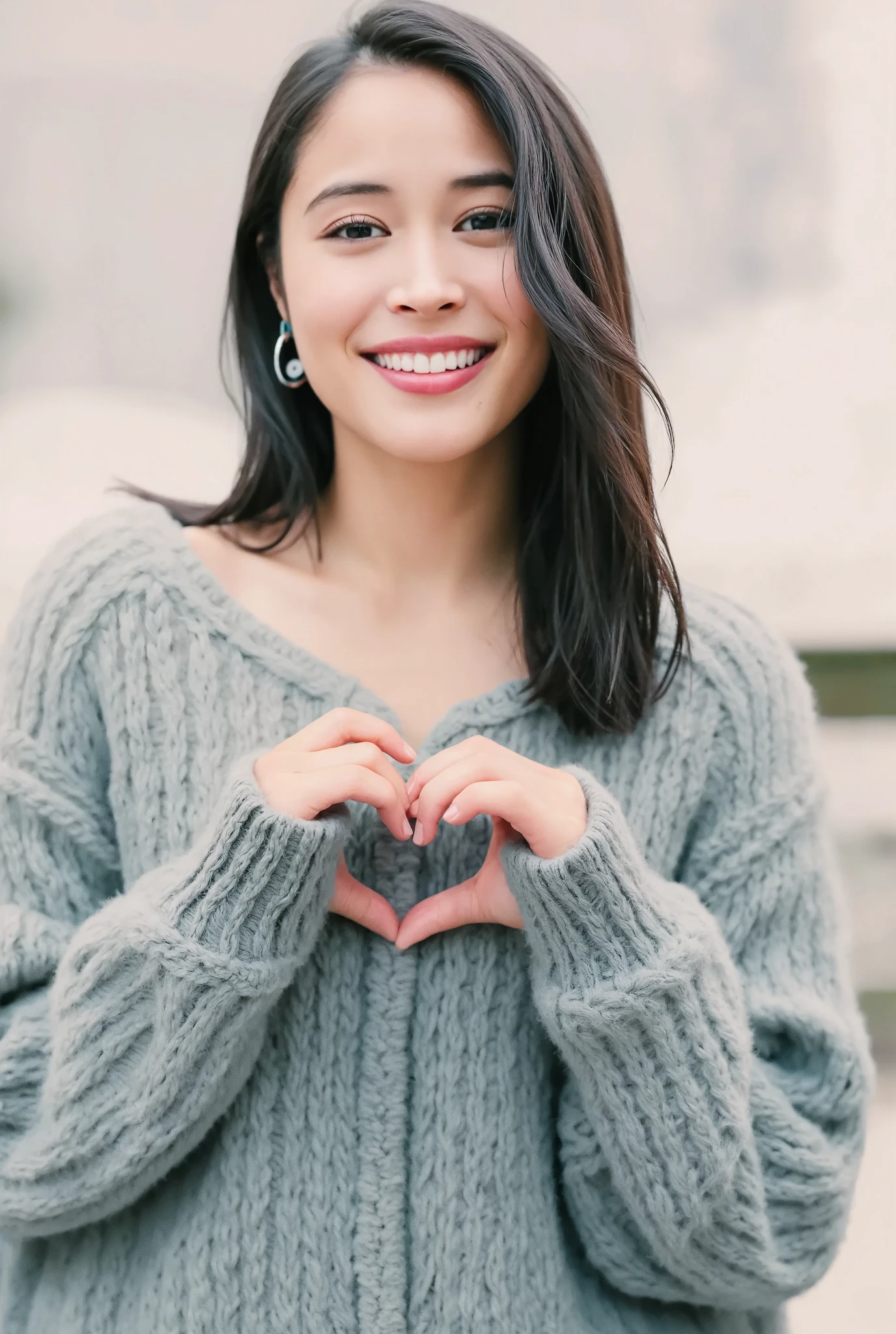 Only one woman with a cute smile wears cute, fluffy off-shoulder pajamas, makes a big heart shape with both hands, and poses them in front of her chest, View above collarbone、The background is a monotone 

