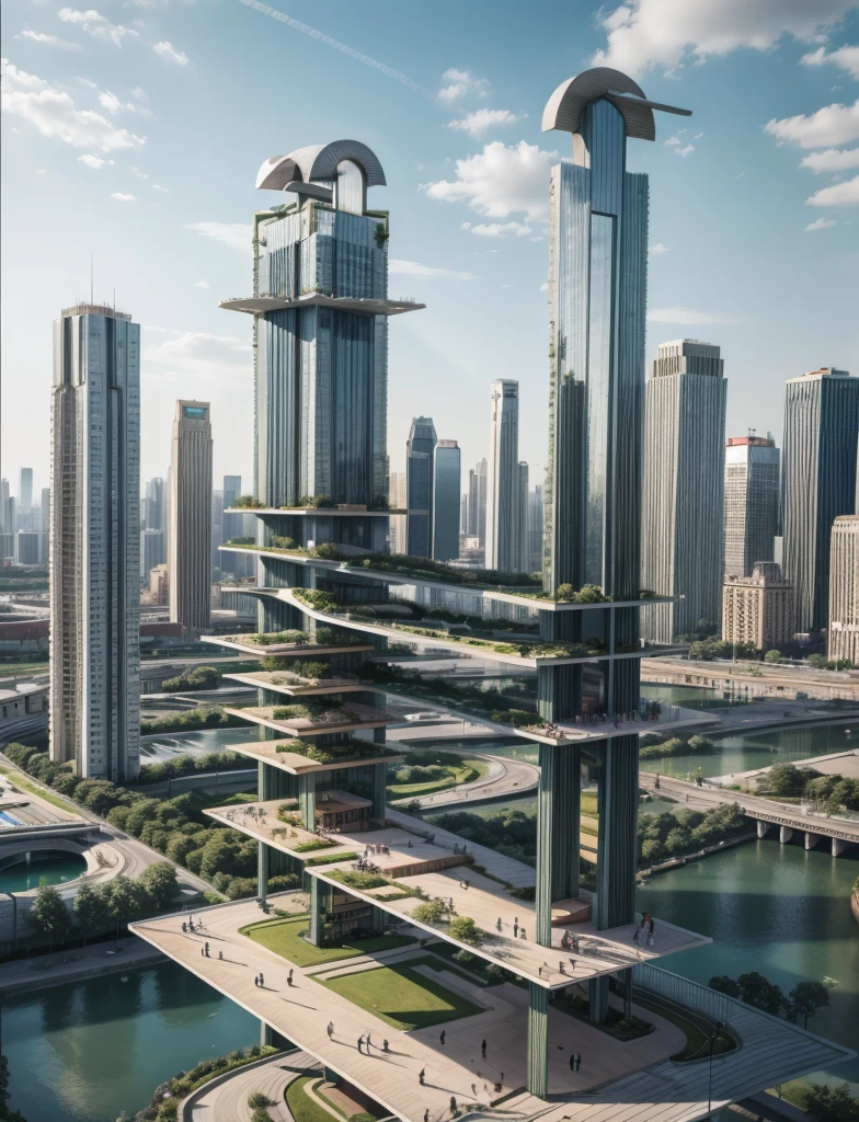 city plan, roads, parks, cars, amazing huge buildings , big towers, small pools, trees, blue sky, standing upright