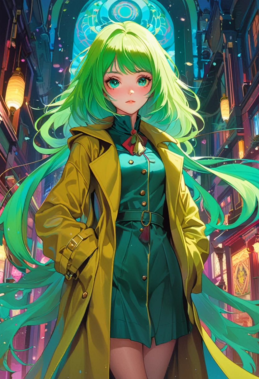 art by greg rutkowski, loish, rhads, ferdinand knab, makoto shinkai, lois van baarle, ilya kuvshinov, rossdraws, tom bagshaw and alphonse mucha, digital art, In a vibrant and colorful digital art, a young girl Trench coated in an eclectic outfit with bright green hair is depicted wearing a classic witch trench coat, her hair adorned with intricate designs of turquoise and brown. matte skin