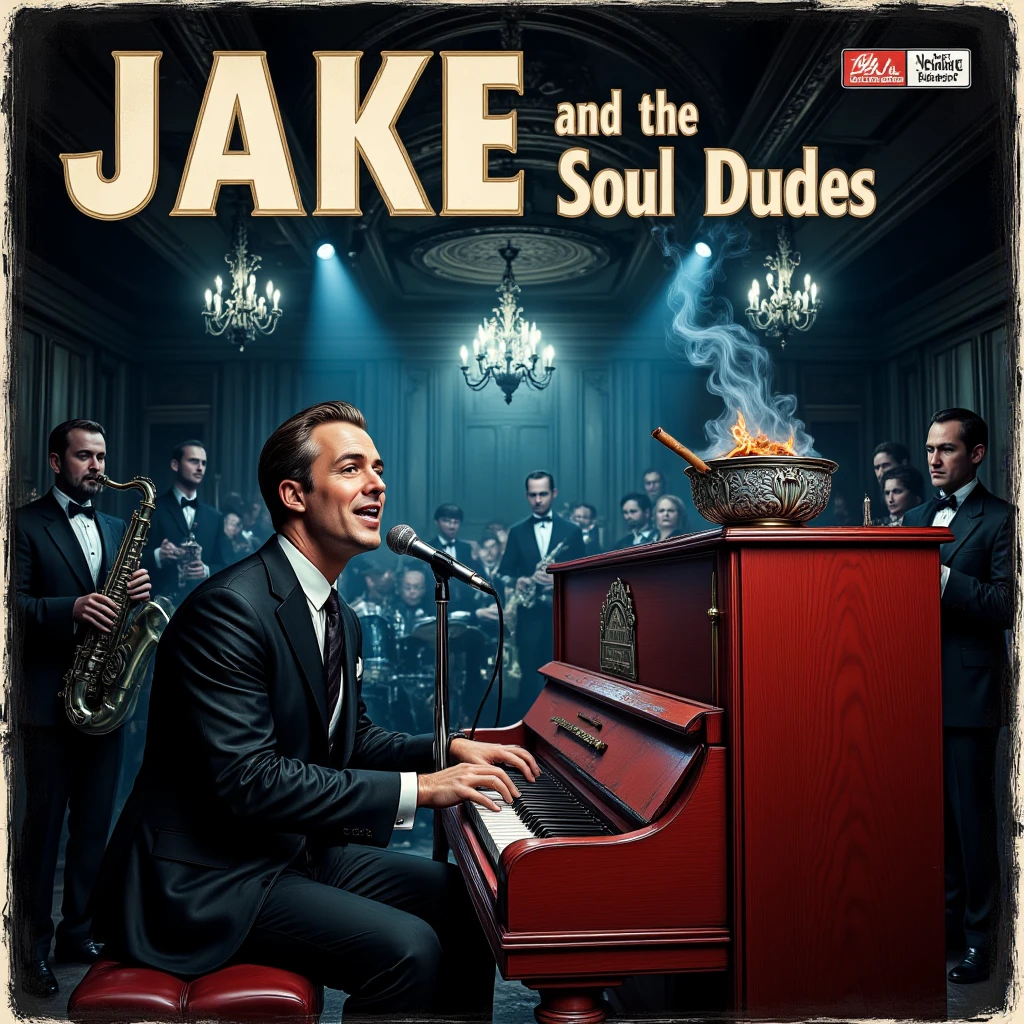  1960s style soul Jazz Album LP  cover in blue black and white  with the text "JAKE AND THE SOUL DUDES" a Red Upright piano, chandelers on the piano and  and  an ashtray with a burning cigarr,  I white person in a slick custume and tie is playing the piano and singing in an old 1950s style microphone, Byhind the piano is a Big band with hornes saxophones drums and Upright bass playing, 8 notes in floating in the air. 