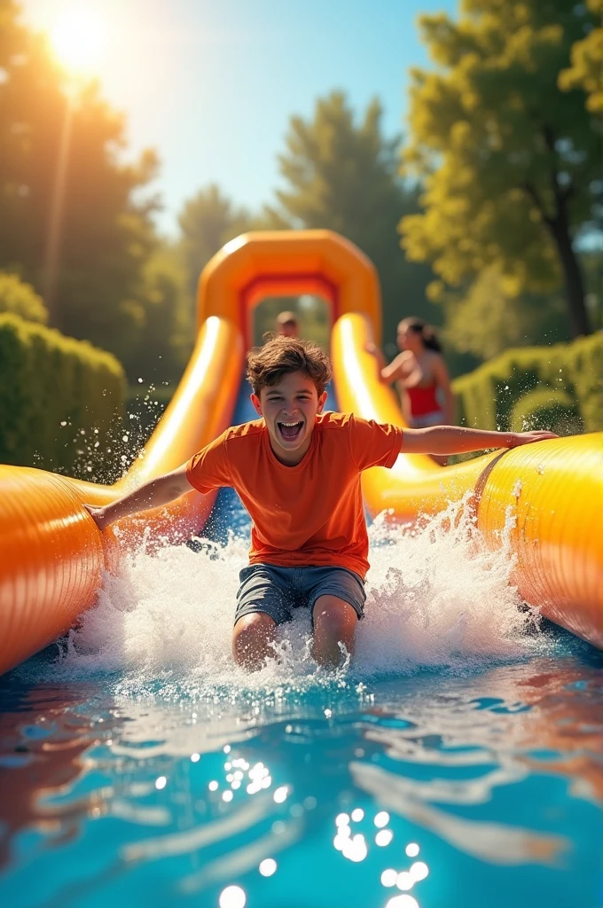 -yeld gion a water inflatable tells her father: Look daddy I&#39;m going to throw myself; To which his father, who was under the inflatable, responded: Hey Titi.