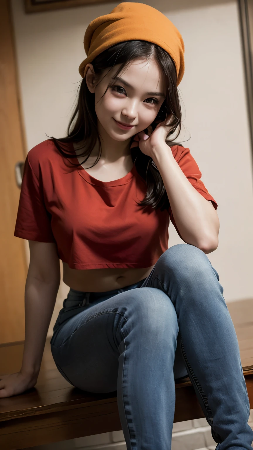 realistic,  detailed texture, detailed skin,  detailed eyes ,pan, 1 , s alone, smile, red shirt, jeans, bandana,  black hair , sitting,, (Acclaimed, seductive, captivating , exciting, beautiful, Impressive:1.3),
