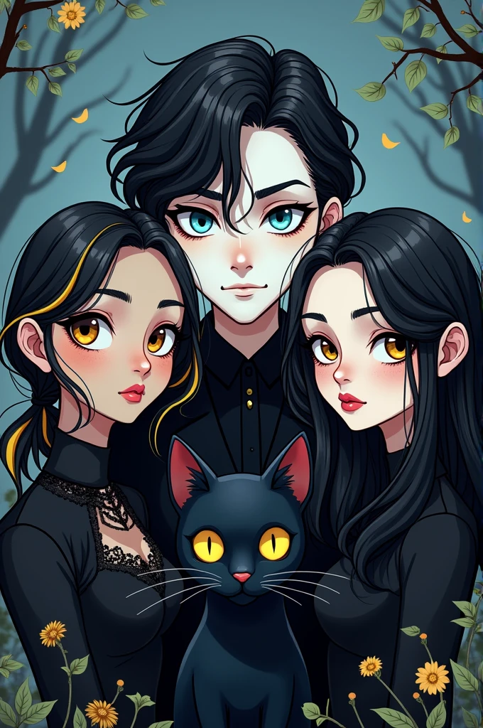 Webtoon-style image of Kayl, a very attractive adult with white skin and very blue eyes , who has BLACK and smooth hair, that he has a serious face and that he appears in the center with a black cat with yellow eyes .
Let Ellie stand out as an adult with an appearance of sweetness and tenderness and delicacy , who wears black Gothic clothing , That she has long hair , black with yellow tips , who has yellow eyes and very large , that is neither white nor brown but as an intermediate
That Isaac also appears on the other side, a very attractive adult with yellow and large eyes, who is half brown white , , that his hair is wavy black with yellow tips and that he also wears black Gothic clothing.
That Isaac and Kayl look the same size and Ellie a little smaller
Remember that Ellie and Isaac are twins