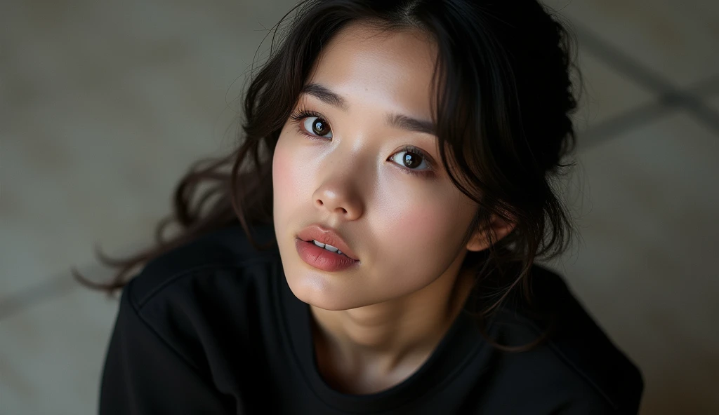 high angle photo of a gorgeous young woman in the style of stefan kostic,abs, realistic skin texture, looks up,black translusante sweatshirt, 1 / 2 body crop, 8 5 mm art lens, f 1. 2, sharp focus, 8 k high definition, insanely detailed, intricate, elegant, art by stanley lau and artgerm