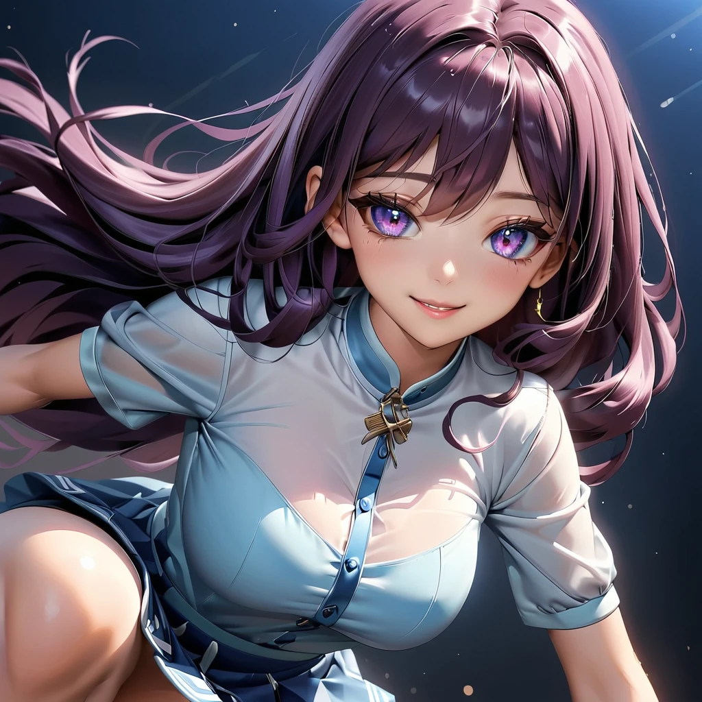 Masterpiece, 4K, HDR, full HD, (best quality), (ultra detailed), (only), intricate ANIME TYPE, best quality, 1girl, deep purple hair , hyper beautiful face, purple hair, perfect anatomy, shiny skin, full body, alone (shiny purple hair, long hair), looking at viewer, perfect hands, perfect legs, super detailed clothes, intricate clothes, hyper detailed cloths, super detailed face, super detailed skin, super detailed quality, expressive eyes, blue eyes, super detailed eyes, JK, epngekatsuragimisato ,  SDXL Illustration Design Beautiful Girl 2D Beautiful Girl Digital Painting Comic Ukiyo-e Watercolor Manga Other,ROUGH, smile, blushing, dynamic pose, American shot, cowboy shot, portrait quality, Tight blouses and tops: She usually wears tight blouses in light colors that highlight her silhouette, such as red or black. Short skirts, Complement her blouses with short skirts, always in a chic and feminine style. light jackets that add elegance and sobriety to her look, always with a touch of sophistication.