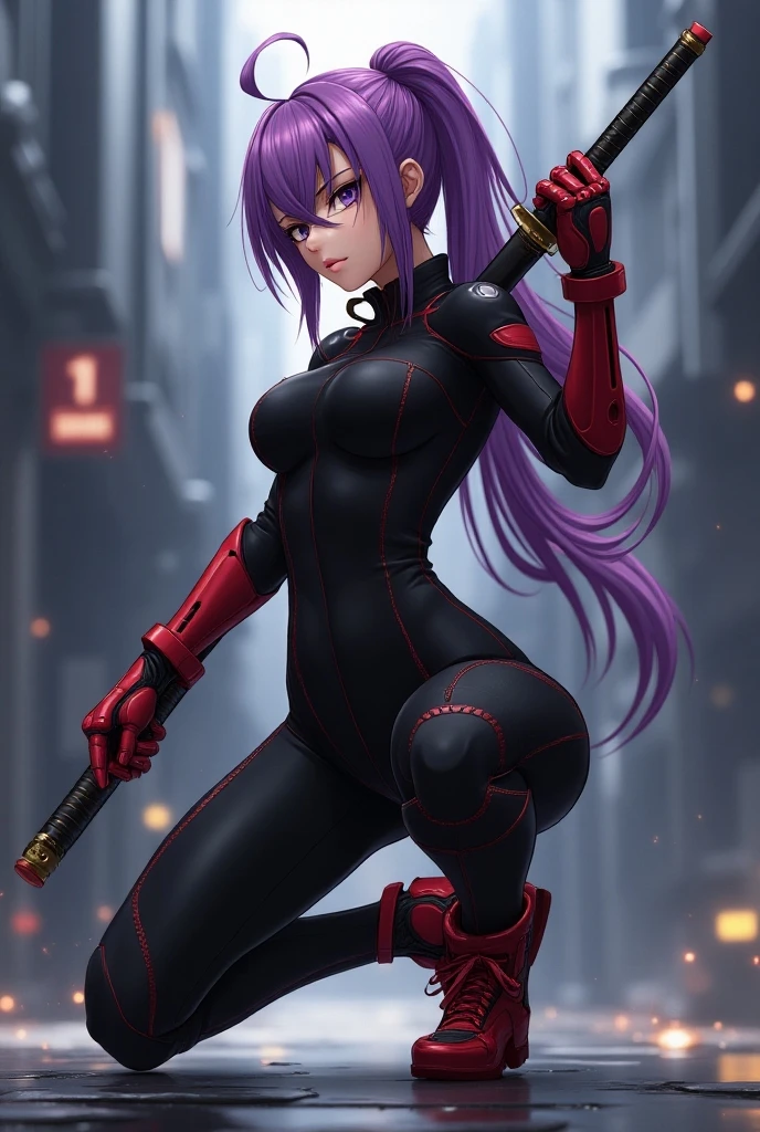 4K, x-men, psyloke, sexy woman, muscular body, purple hair, blue suit, holding katana, long hair, fighting pose, red belt at the waist.