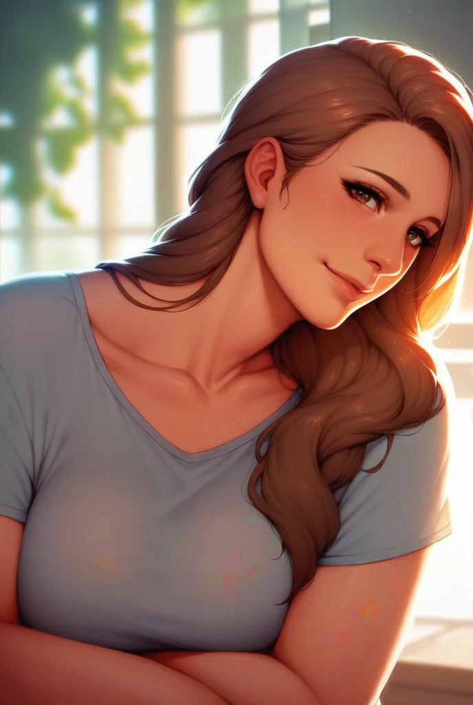 Female, adult, mature body, mature, beautiful, calming, long blond hair, soft brown eyes. Comfy clothing, t-shirt. Comforting lighting. Looking at viewer, comforting, warm smile. SFW.