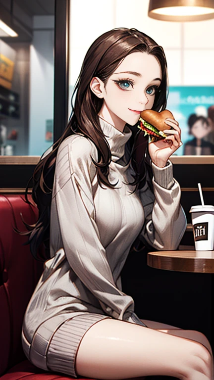 (a portrait with sharp focus and crisp quality, highlighting the subject's facial features), (from side, portrait, looking away),  cowboy shot、smile、Everyday scenes of an ordinary woman、age:28 years old、( long brown haired )、((( TURTLENECK SWEATER )))、 eating a hamburger and coffee at a fast food restaurant、Sitting in a hand-held seat in a bright store 、 wearing long hair with elastic 、Perfect Makeup、 perfect face、Beautiful forehead、Beautiful clavicle、 white skin、 Teal Eyelids、 anatomically correct hands、Accurate facial depiction、Accurate eye depiction、Front View、 anatomically correct legs 、Beautiful eye depiction、