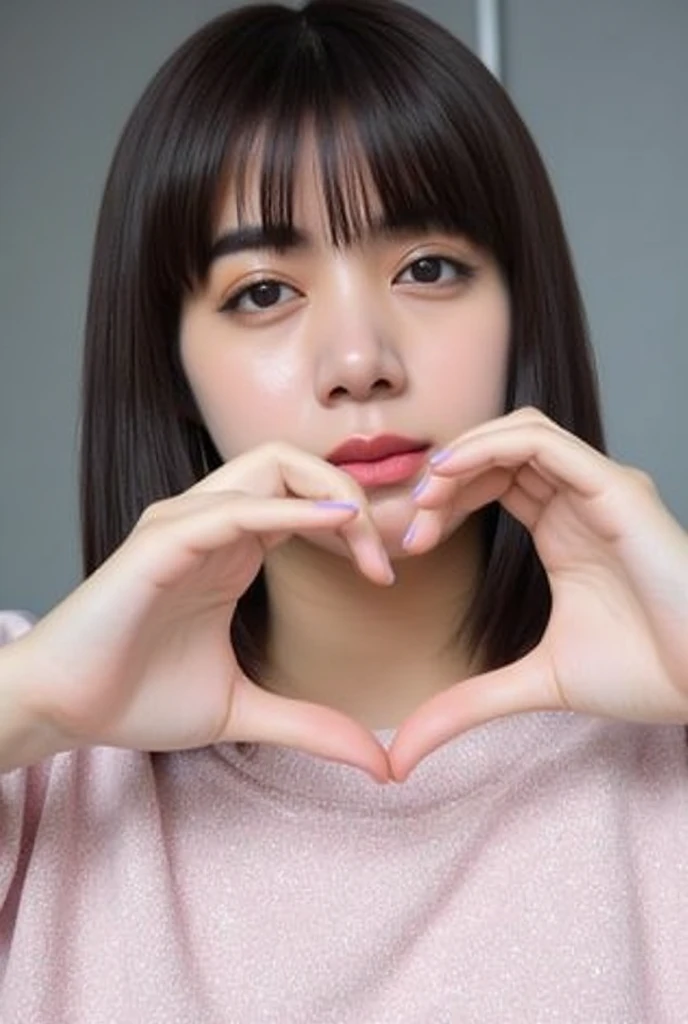 Only one woman with a cute smile wears cute, fluffy off-shoulder pajamas, makes a big heart shape with both hands, and poses them in front of her chest, View above collarbone、The background is a monotone 

