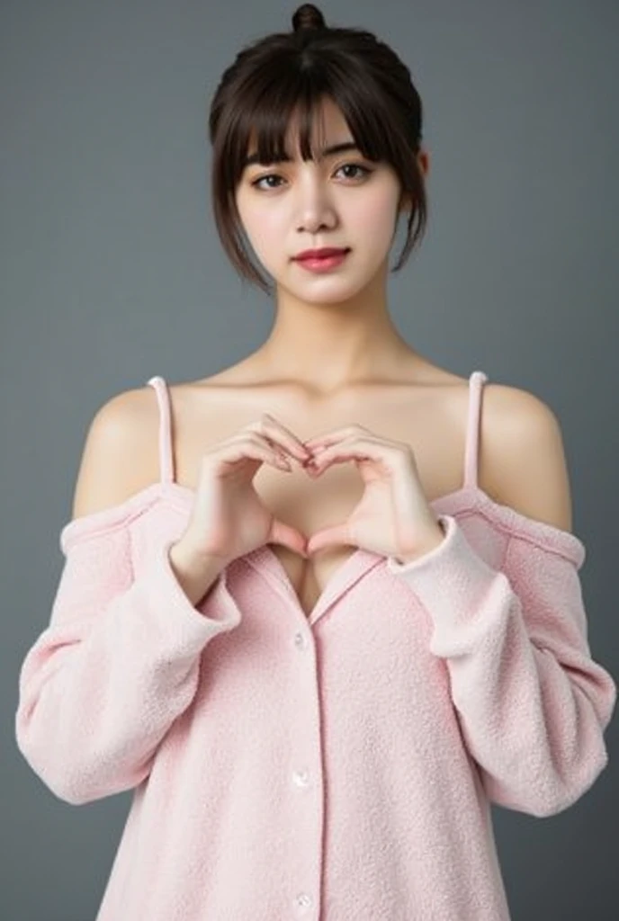 Only one woman with a cute smile wears cute, fluffy off-shoulder pajamas, makes a big heart shape with both hands, and poses them in front of her chest, View above collarbone、The background is a monotone 

