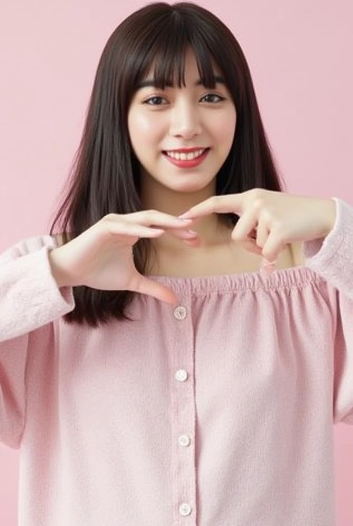 Only one woman with a cute smile wears cute, fluffy off-shoulder pajamas, makes a big heart shape with both hands, and poses them in front of her chest, View above collarbone、The background is a monotone 

