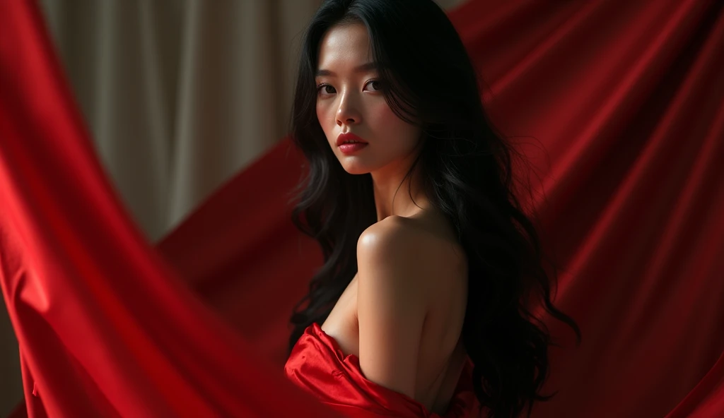 Full body shot of an painting of beautiful asian woman in red princess dress with abstract painting splash, best dynamic pose, gaze at the camera, dark background. Artist:{ramdomly selected}. Amazing painting splash distorted, Stunningly beautiful painting, stunning abstract background, Shot on Sony Alpha α7CR full-frame, photorealistic, realistic human, UHD 1536px, high quality photos.