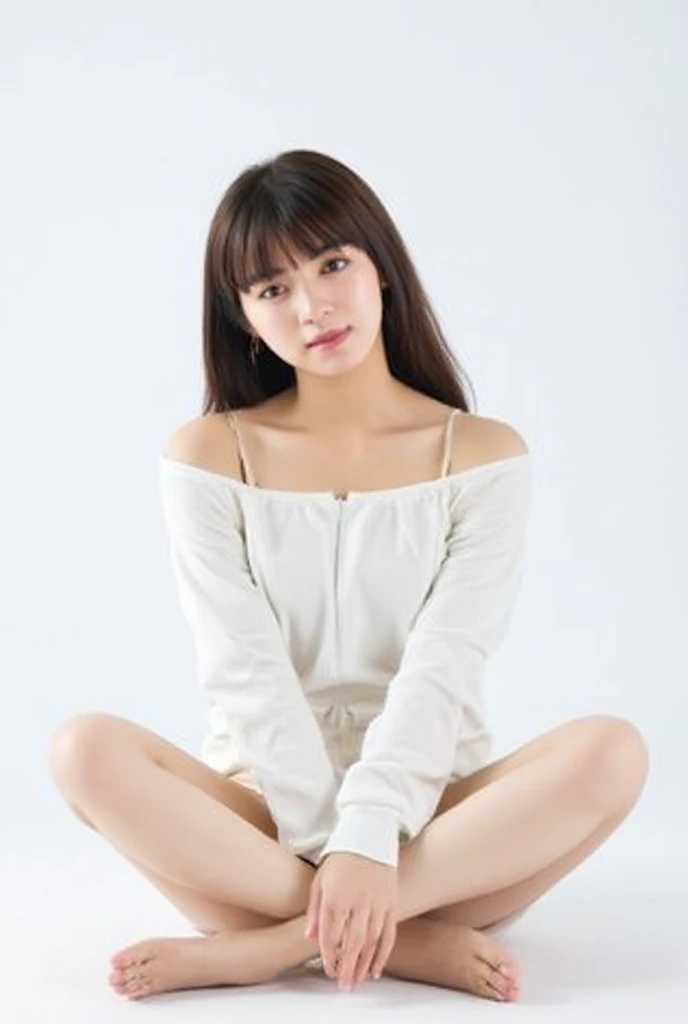 Full body shot from the front、Wear off-the-shoulder mini one-piece pajamas, bend your knees, spread your legs, take a cross-legged pose, and sit while looking at me, Slender bare legs 、smile、The background is a monotone 

