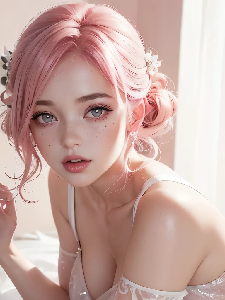 a stunning lady with pink hair and white bra , using high-quality, detailed HD rendering , textura da pele altamente detalhada