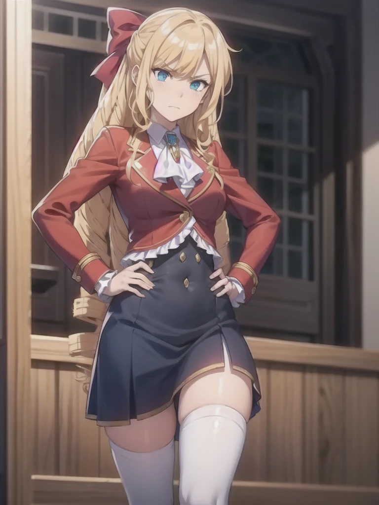 fullnude、(extremely detailed CG), (best quality), perfect face, shiny skin, lustrous skin,wide hips,   1girl,solo ,    jewelry,bangs, ribbon,brooch, (open red skimpy jacket:1.3), (lace panties: 1.3), drill hair, hair bow, blue eyes, bow, blonde hair, long hair,drill hair, (blue very short skirt:1),full body,white thighhighs, angry, disgusted,hands on hips,school background,