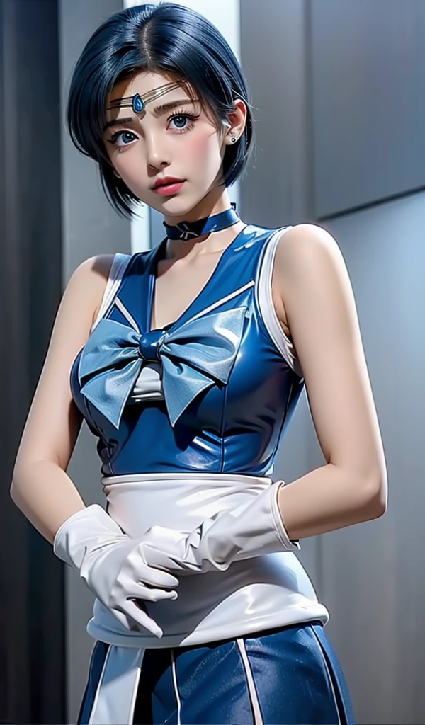 OP quality, masterpiece, (Original photo, Professional photography, photoRealistic, Realistic:1.3), Highly Detailed CG 16K Unity Wallpaper, (Best aesthetics, Natural light:1.1), Ultra-high resolution, (Correct Anatomy:1.5), ((highly Detailed skin texture:1.1)), ((from the front:1.3)), throw, One Mature Woman, Japanese women, alone, View your audience, Cowboy Shot, (Sailor Warriors:1.4), 50 years old, Blue Hair, short hair, Detailed skin, Dark Eyes, ((Hollow Eyes、Open your mouth:1.4)), Detailed nose, Beautiful Lips,, ((Sailor Mercury Costume:1.5)), ((skirt:1.3)), ((Center of chest:1.5)), (((Place your arms behind your back, inhibition, shibari, Rope Bondage:1.5))), (((Sitting on the floor:1.4))), (((indoor, Midnight, Dark Room, Empty operating room:1.2)))