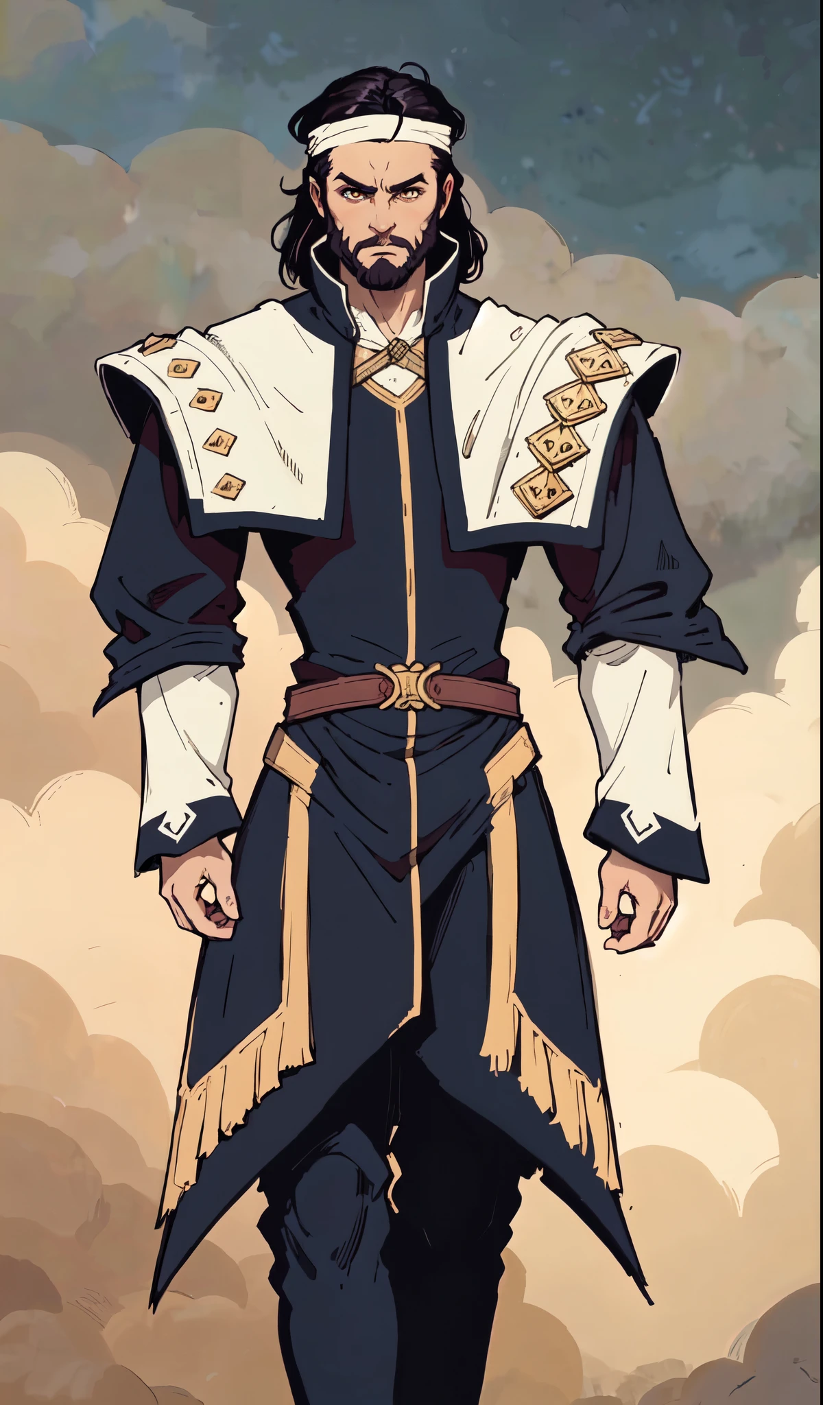 (masterpiece:1.2, best quality:1.2, extremely delicate:1.2), ((male:1.5)), a middle-aged man with medium-length black hair, a yellow headband, thick eyebrows, focused gaze, dignified face, large beard, tall and slender physique, a fantasy-style mage robe, the color scheme is primarily Yellow with White and Black accents, large wide hem, large shoulder armor resembling a cloak, a fire dragon belt, fabric trousers, the background features a thundercloud sky lit up by a red glow from the flames, this character embodies a finely crafted fantasy-style mage in anime style, exquisite and mature manga art style, dramatic, high definition, highres, ultra-detailed, ultra-fine painting, professional, perfect body proportions, golden ratio, anatomically correct, symmetrical face, extremely detailed eyes and face, high quality eyes, creativity, RAW photo, UHD, 32k, Natural light, cinematic lighting, (masterpiece-anatomy-perfect:1.2)