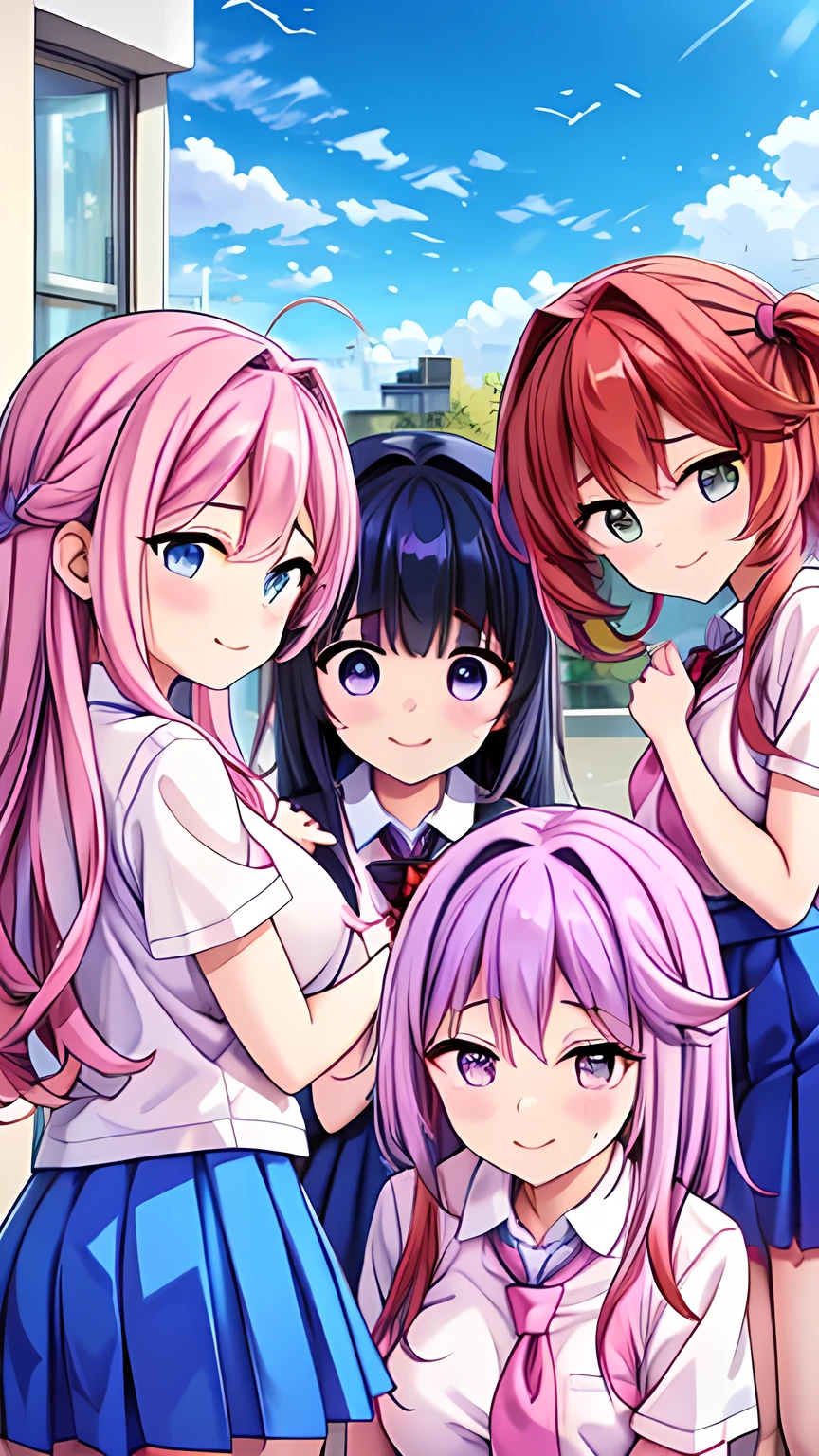 Four,High school girls, red, purple, pink and yellow hair, wearing blue school uniforms, smiling for apicture.
