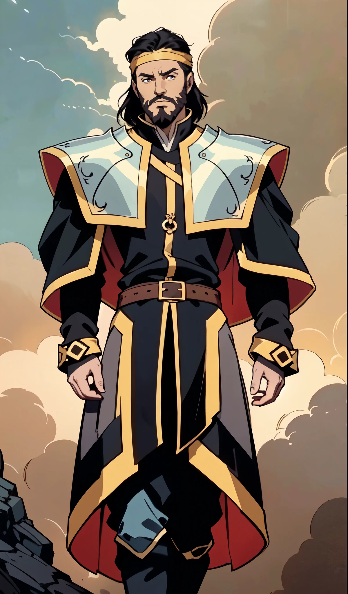 (masterpiece:1.2, best quality:1.2, extremely delicate:1.2), ((male:1.5)), a middle-aged man with medium-length black hair, a yellow headband, thick eyebrows, focused gaze, dignified face, large beard, tall and slender physique, a fantasy-style mage robe, the color scheme is primarily Yellow with White and ‎Black accents, large wide hem, large shoulder armor resembling a cloak, a fire dragon belt, fabric trousers, the background features a thundercloud sky lit up by a red glow from the flames, this character embodies a finely crafted fantasy-style mage in anime style, exquisite and mature manga art style, dramatic, high definition, highres, ultra-detailed, ultra-fine painting, professional, perfect body proportions, golden ratio, anatomically correct, symmetrical face, extremely detailed eyes and face, high quality eyes, creativity, RAW photo, UHD, 32k, Natural light, cinematic lighting, (masterpiece-anatomy-perfect:1.2)