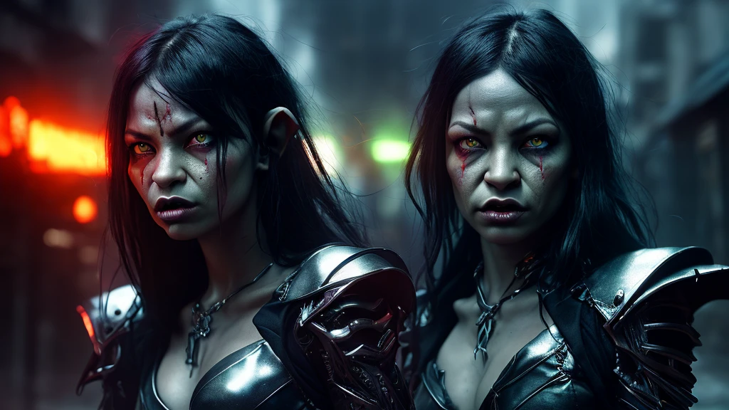Masterpiece, Best Quality, Official Art, (Highly Detailed CG Unity 8k wallpaper), Detailed background, (Hands by Guido Daniele: 1.1). Full body pose sexy sisters of battle from the warhammer 40k, shooting at the enemy, white armor with intricate details, red armor with intricate details, religous symbols on the armor, sisters of battle, warhammer 40k, Massive silicone breast, pale skin, seductive, temptation, eat your soul, clevage, long flowing black hair with purple highlights, heavy gothic makeup, at night, neon, beautiful detailed eyes, beautiful detailed lips, extremely detailed eyes and face, long eyelashes, highly detailed armor, intricate futuristic weaponry, dramatic lighting, cinematic composition, muted color palette, gritty and realistic, mecha, science fiction, hyper-detailed, photorealistic, award winning digital art, 8k, HDR, masters work, in the middle of a battle field, full body combat action pose, explosions and fire around, full war, stunning, Stilleto heels, high heels, full body pose, cinematic, movie trailer, final stand!, nemesis, ready to strike, dust and debree, combat screams, attacking, shooting at the enemy, running forward, last line of defense, charging, fanatic, religious, templar knights, sisters of battle, warhammer 40k
