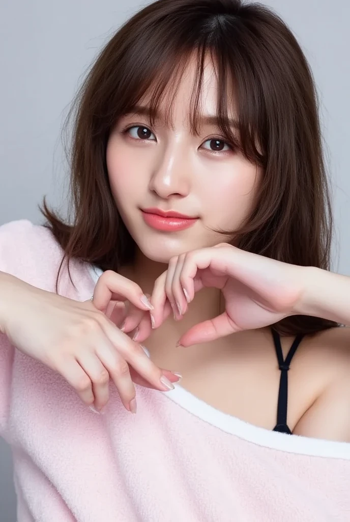 Only one woman with a cute smile wears cute, fluffy off-shoulder pajamas, makes a big heart shape with both hands, and poses them in front of her chest, View above collarbone、The background is a monotone 

