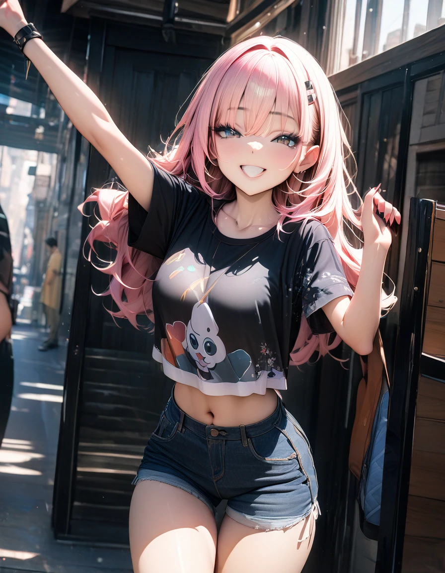 masterpiece, best quality, 1girl, toned, smooth skin, long blonde hair:1.5 and streaked pink hair:1.2, red eyes, skin tight, black raglan sleeves, long sleeves, halterneck, cleavage, black high-waist shorts, black pantyhose, small breasts, outdoors, town,
