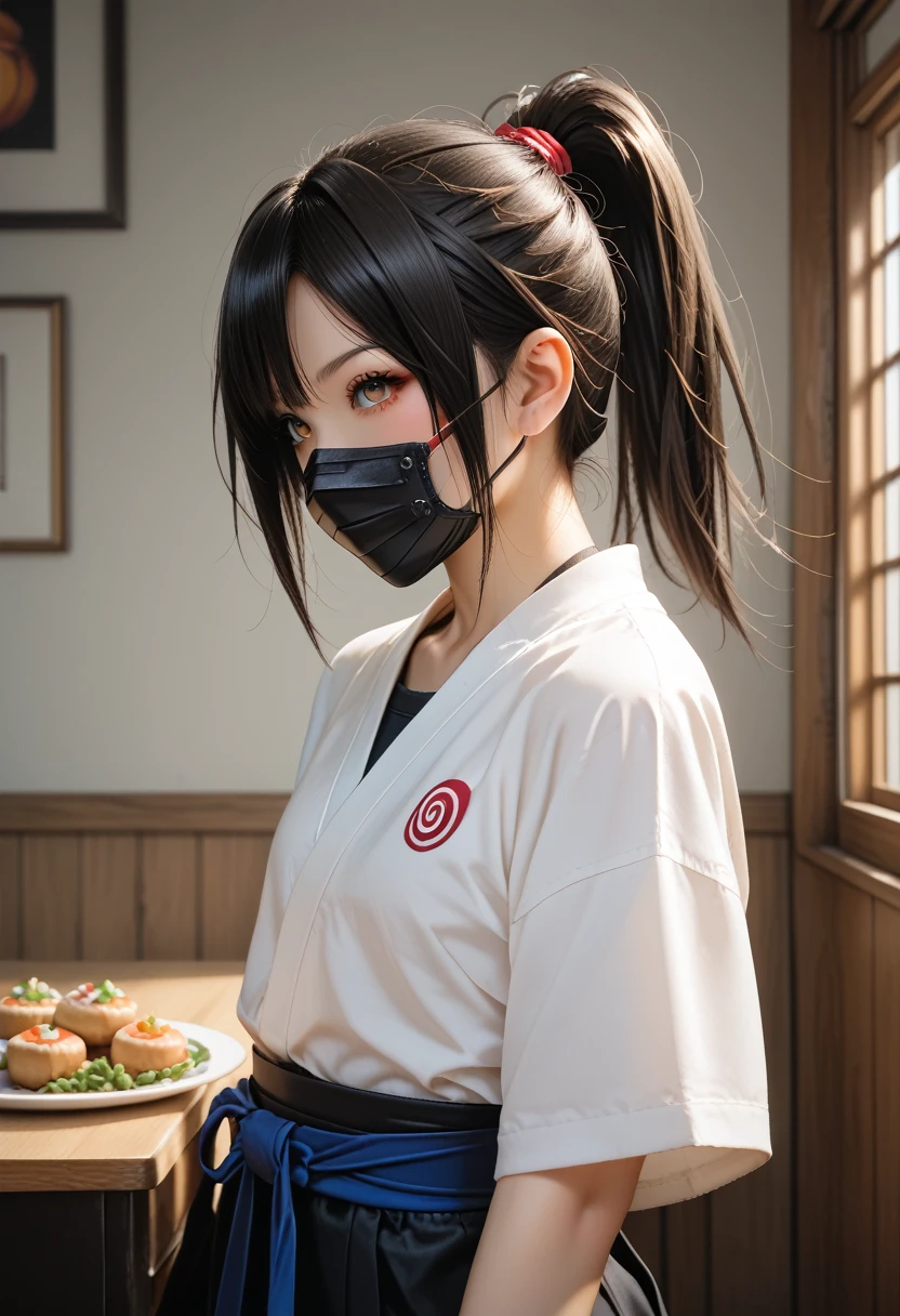 Best Quality、 perfect anatomy、 is very aesthetically pleasing、 absurd、 complicated details、 super detailed illustration,BREAK kunoichi ,Ninja Mask,Ninja Food,ninja kote,BREAK cowboy shot,BREAK 18yo,young girl, black hair ponytail