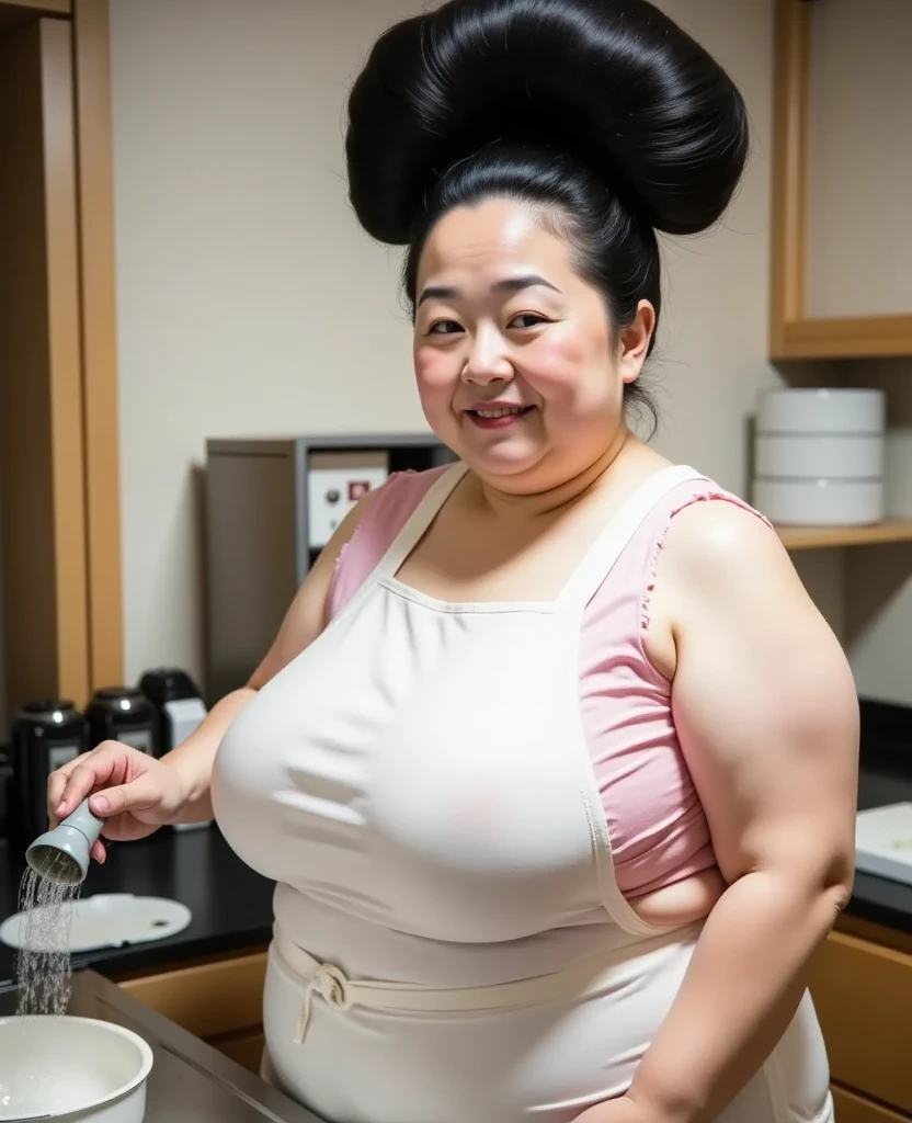 8k,Highest quality, masterpiece, Ultra-high resolution,(masterpiece:1.6, Highest quality), Intricate details,Middle-aged woman in her 50s, japanese, full body,  top of head, ((A gigantic hair bun, A huge hair bun:1.5)),((jet Black Hair)), ((forehead:1.5)), Extremely obese, Fat face, round face, Saggy face, crow's feet wrinkies, ((huge breasts, gigantic breasts:1.5)), ((super Saggy breasts:1.5)), ((cleavage)),((pale skin, shiny skin)),( White Apron , pink ruffle skirt :1.2), ((Mature woman with huge hair bun washing dishes in the kitchen:1.5)