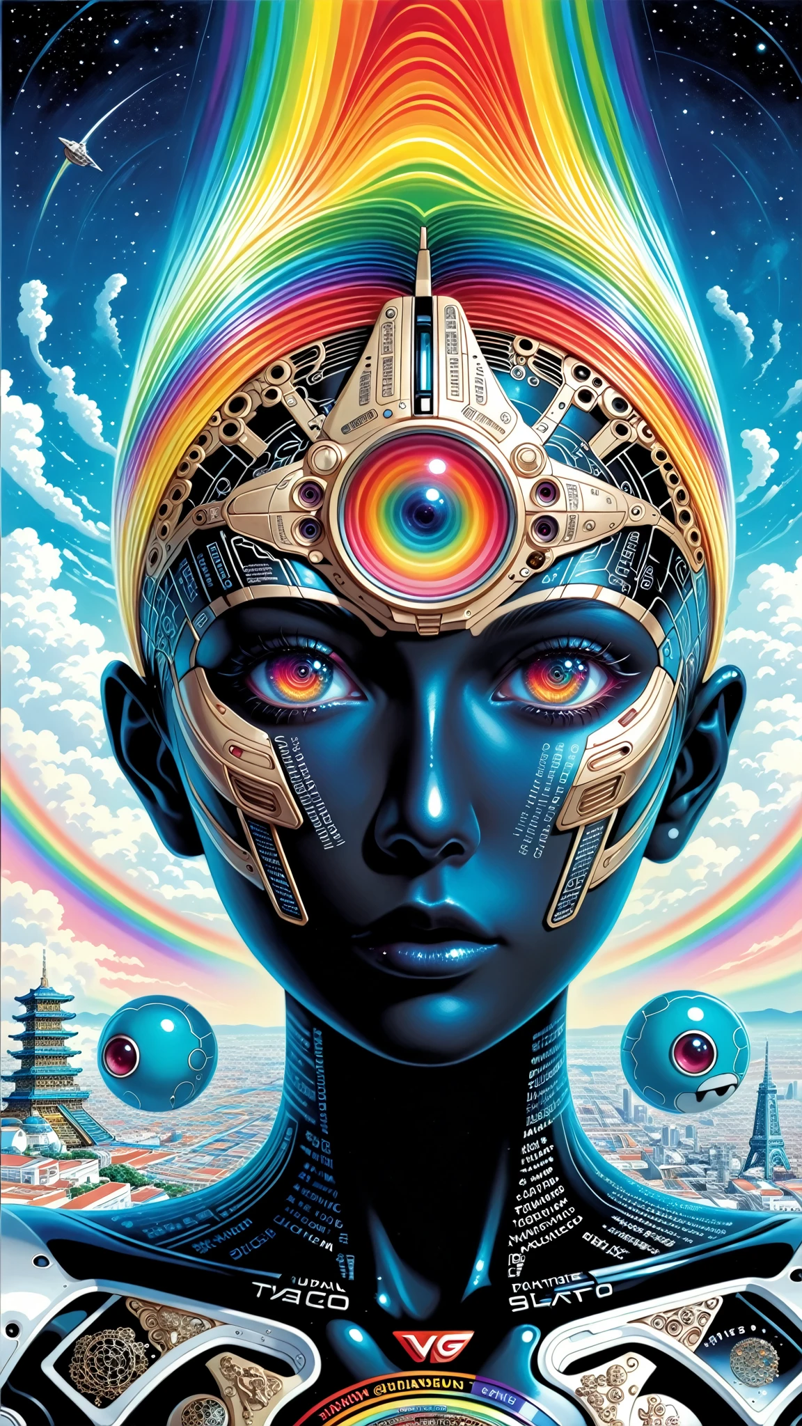 ((best quality)), ((masterpiece)), (detailed), (face of cyberpunk mecha japanese girl), neon rainbow eyes, metallic black body, rainbow hair, ((monochromatic neon rainbow color palette)), surreal, art nouveau, in the illustrative style of moebius, spaceships, aliens, fantasy, sci-fi, graphic novel, line drawing, french retro, bizarre, gallery worthy, work of uncanny art, illustrated by Guo Chao style, poster design, in the style of psychedelic color schemes, hyper-detailed illustrations, 16k, a painting of a pagoda in the evening, in the style of graphic design-inspired illustrations, circular shapes detailed botanical illustrations, light cyan and orange can't believe how beautiful this is, mythological influences, chinapunk high quality, Super detailed, Super exquisite, 8k, Paper-cut art,architecture,masterpiece,high quality,Super detailed,Super exquisite,8k,
