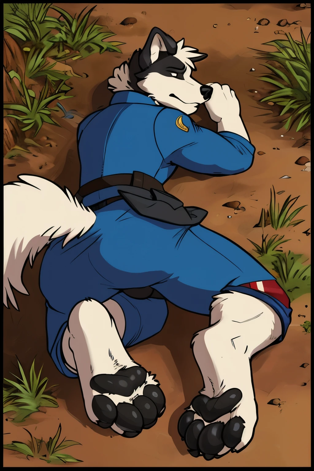 (ultra quality):1.4, color, smooth comics style, (by takemoto arashi, by meesh, by Taran Fiddler), solo:1, (defeat)) ((blackfeetsoles)) ((black feetsoles)) ((knockout face)) did a border collie in the english soldier uniform without shoes,  ((Pants pulled down to the knees)) He is dead in the trench, lying on the back, closed eyes, tonque stuck out of the mounth, defeated on the floor after a fight, exhausted, closed eyes, tonque out of the mounth , ((feet focus)) fluffy tail. Battlefield (uniform english world war 1)) ((world war 1)) ((ww1)) ((white legs)) ((black pawpads)) (four toes) 4toes, 5finger ((floppy ears)) ((Border collie)) (white pawsole) (feral feet) (additional paws from hidden characters that you can't see) ((without pants)) ((Canine penis)) ((without pants ))
