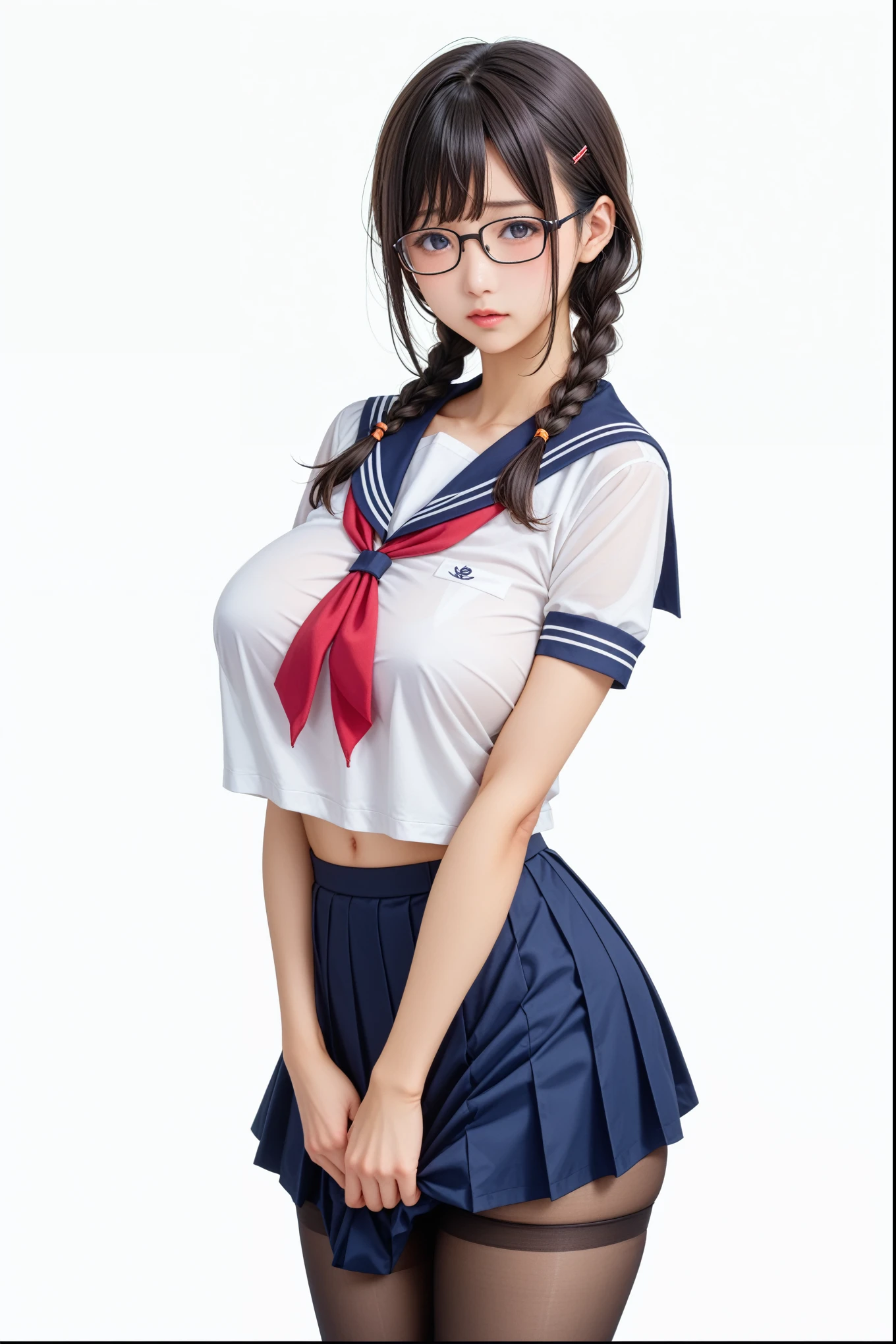  sailor suit、full body、front view、standing split、stand、 embarrassing expression、Shinozaki Ai、 very detailed illustration、Super detailed illustrations、Ultra-precise expression、masterpiece、Best Quality、ultra high resolution on down、 high resolution on down、perfect anatomy、detailed、extremely detailed CG、unity 8k wallpaper、woman、girl、beautiful、japanese、 white background、 simple background 、One person、twin braids、Black Hair、 medium hair 、Big Breasts、Black glasses、Japan see、 shy expression、